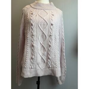 J. Crew Wool Blend Chunky Cable Azra Pom Sweater Women L Cream Ivory Cottagecore